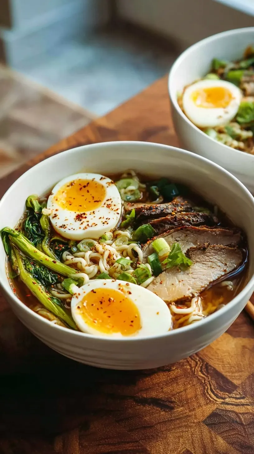 A bowl of fresh homemade gluten free ramen noodles in a savory broth with a soft boiled egg and green onions.