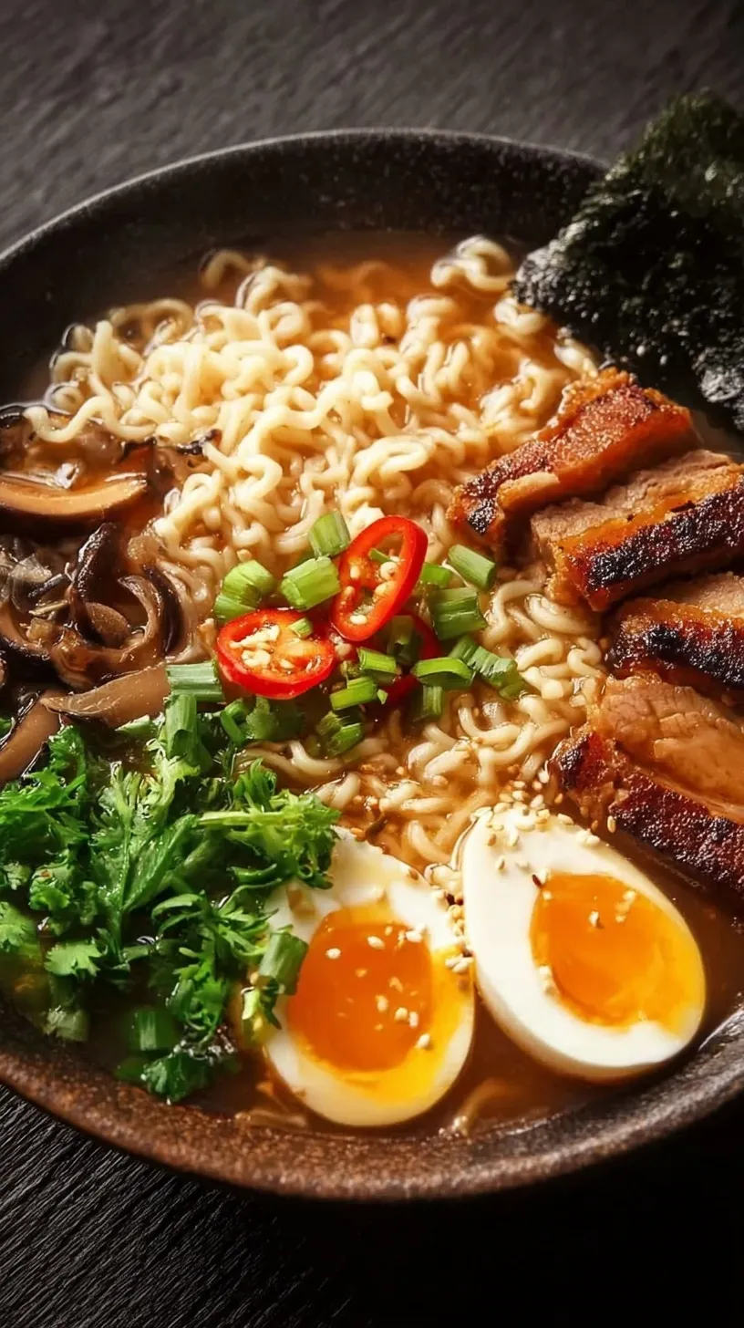 A steaming bowl of high protein ramen with sliced chicken, soft boiled eggs, and bok choy in a miso broth