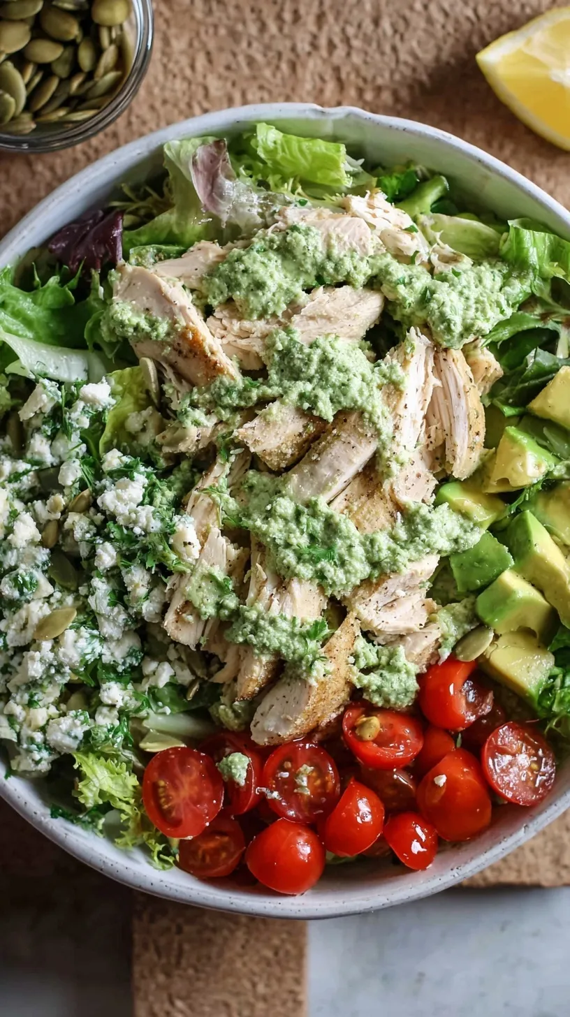 A vibrant bowl of green goddess chicken salad with avocado dressing and edamame.
