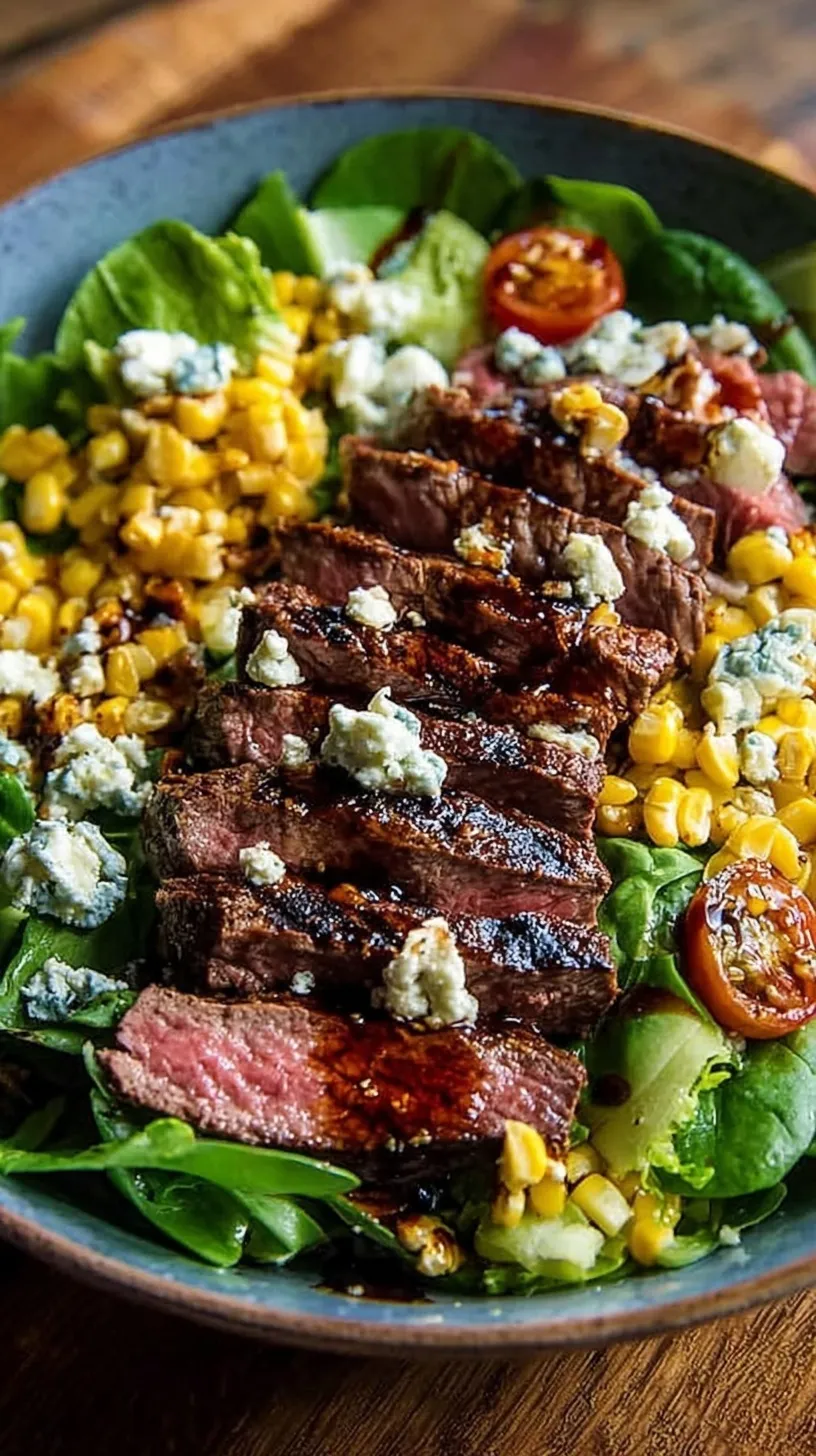 A colorful grilled balsamic steak salad topped with charred corn, cherry tomatoes, and crumbled gorgonzola cheese.