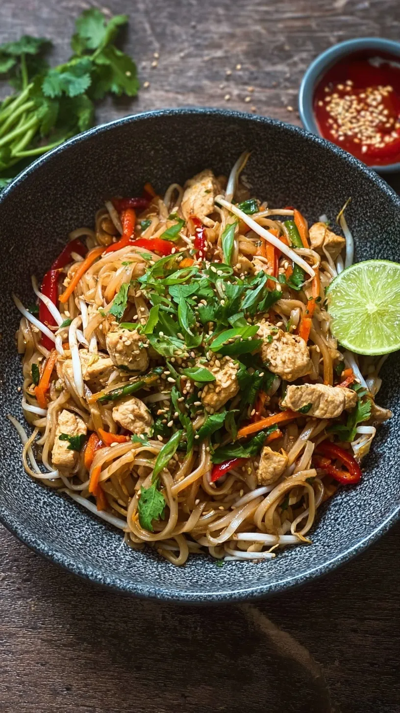 A bowl of healthy chicken pad thai topped with peanuts and lime wedges