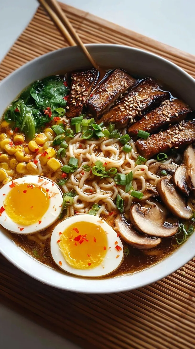 A steaming bowl of high protein homemade ramen with sliced chicken, a soft-boiled egg, and fresh greens.