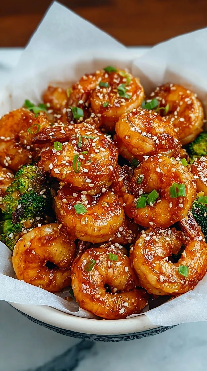 Large shrimp glazed in a shiny honey garlic sauce topped with green onions in a skillet