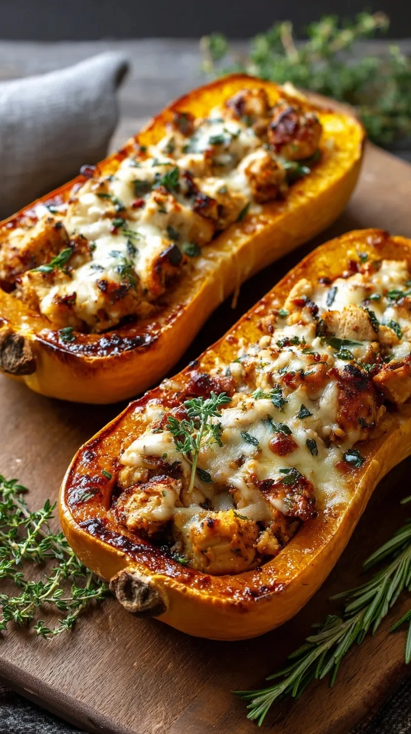 Golden honey roasted butternut squash halves filled with savory chicken, quinoa, and kale garnished with feta.