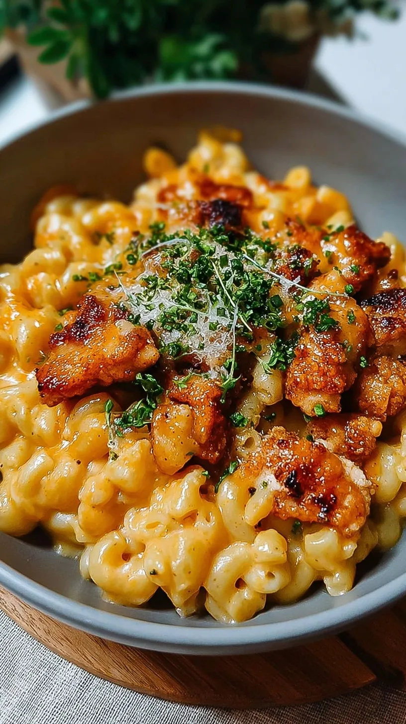 A bowl of creamy macaroni and cheese topped with spicy hot honey glazed chicken and fresh herbs.