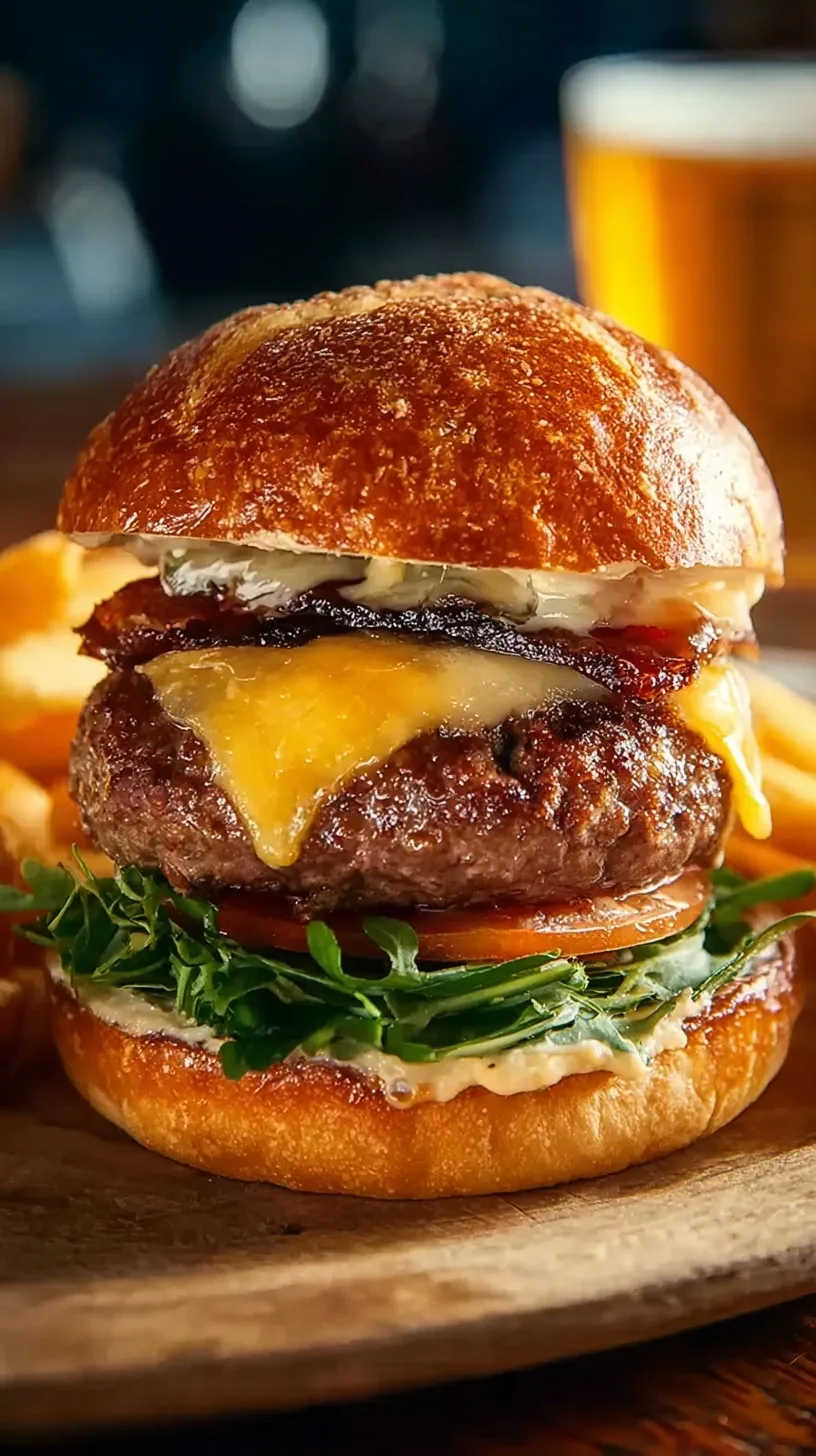 A juicy high protein burger topped with melted Irish cheddar and dark Guinness caramelized onions on a toasted bun.