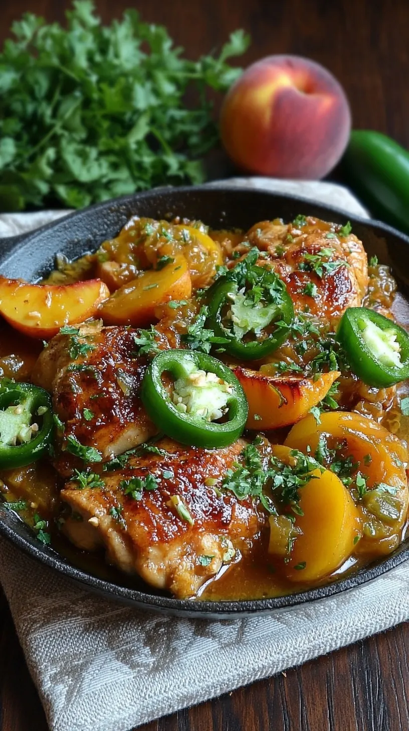 Pan-seared chicken breast cutlets glazed with a glossy peach and jalapeno sauce garnished with fresh cilantro