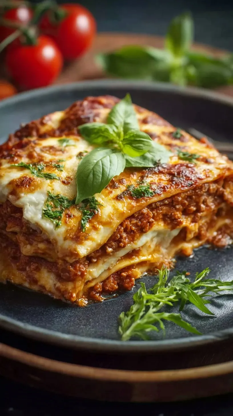 A slice of golden, bubbly healthy lasagna served on a white plate with fresh herbs.