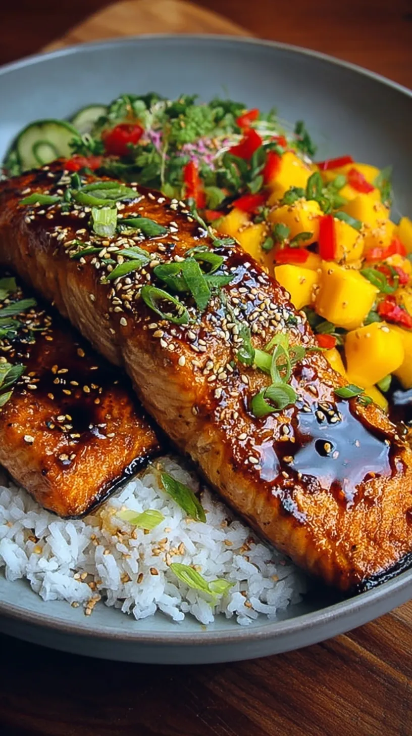 Pan-seared salmon fillets glazed with golden mango teriyaki sauce and topped with green onions