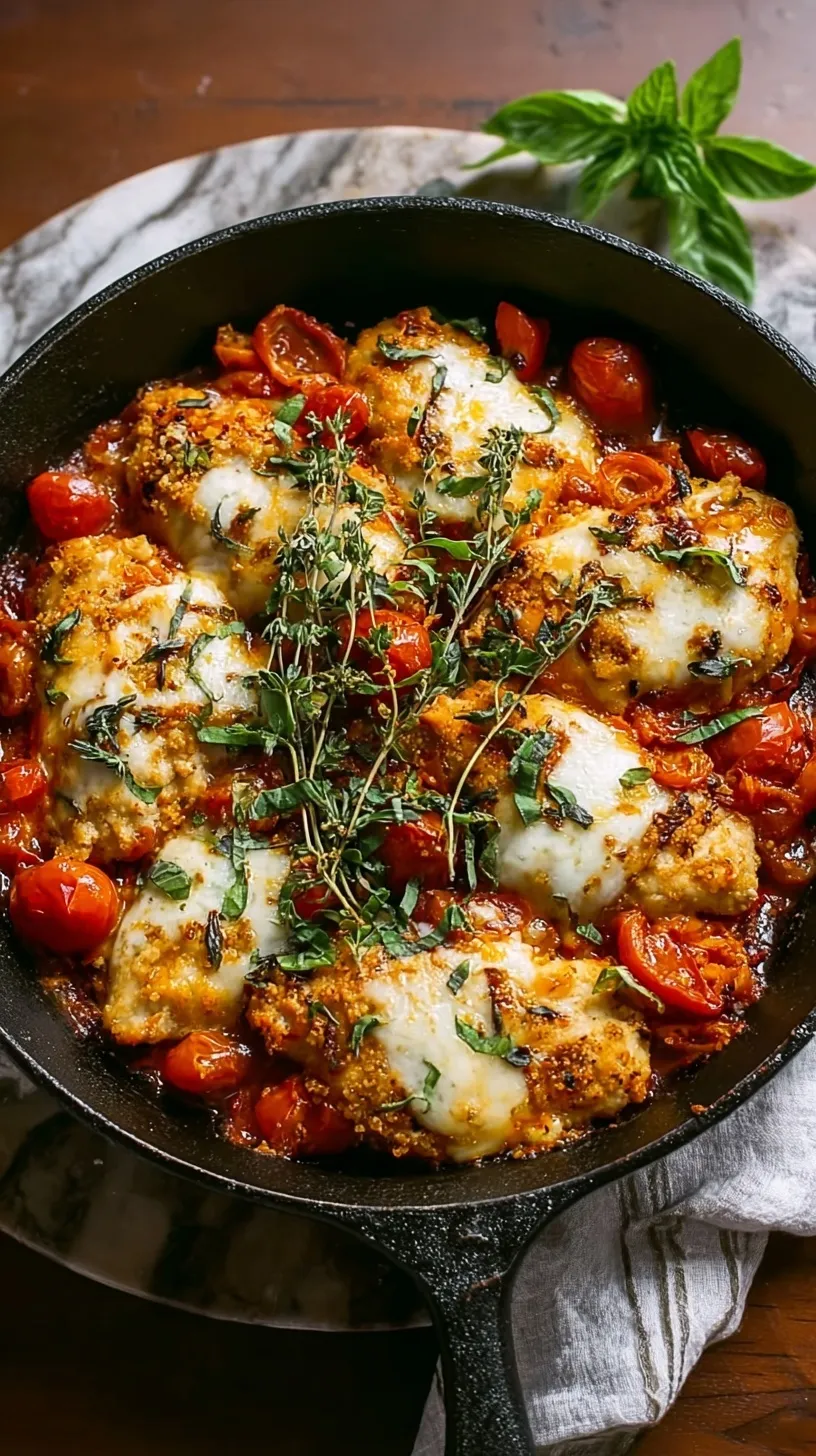 A black skillet filled with golden chicken pieces in red sauce topped with melted mozzarella and fresh basil.
