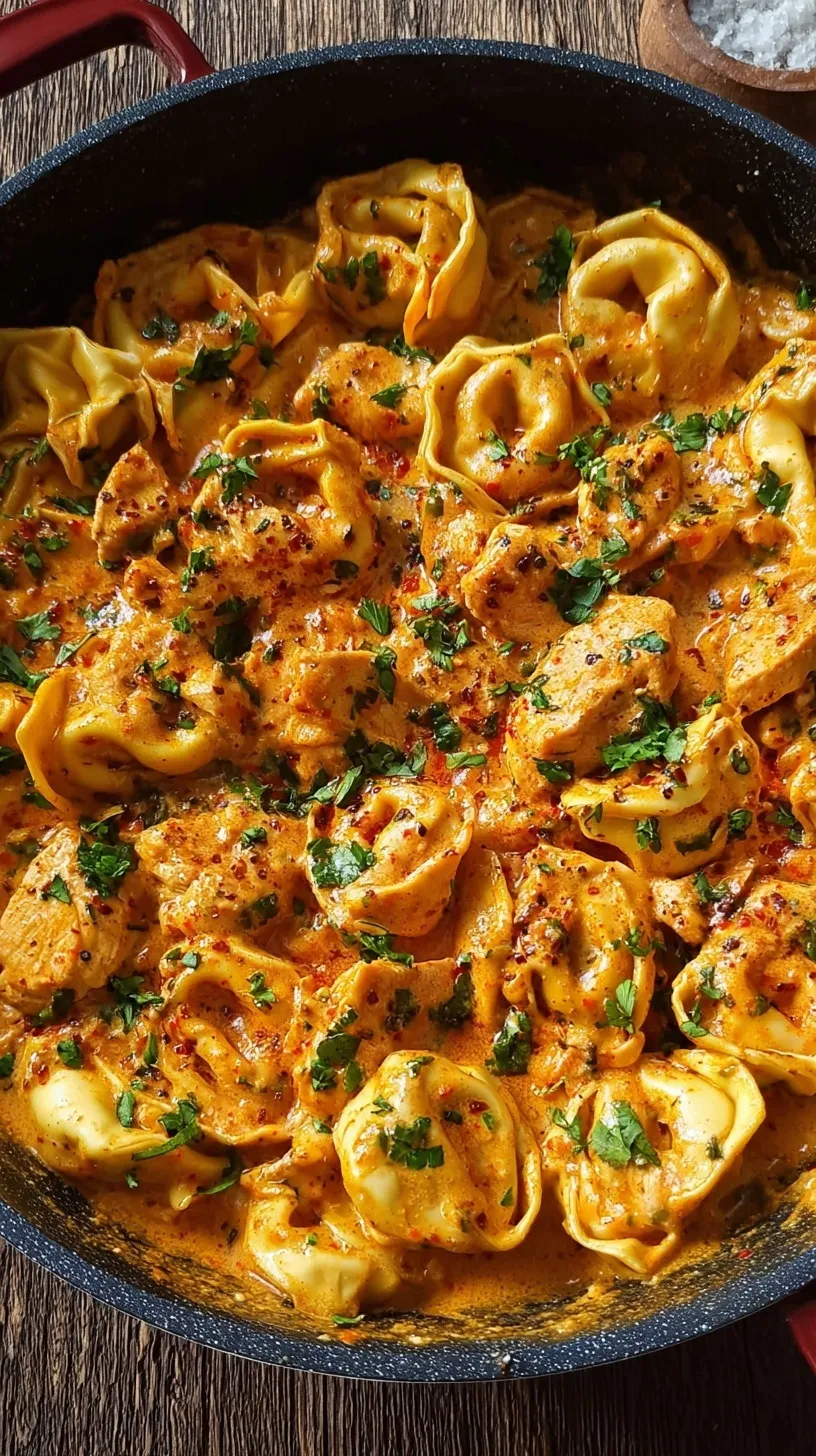 A golden skillet filled with cheese tortellini, seared chicken, and fresh spinach in a garlic butter sauce.
