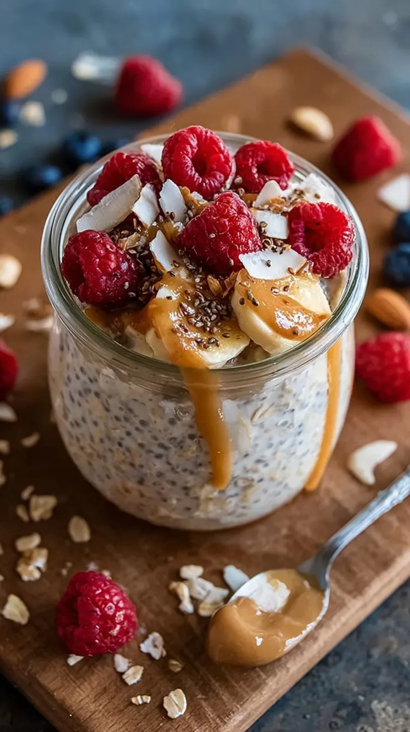 A mason jar filled with creamy high protein overnight oats topped with fresh berries and chia seeds.