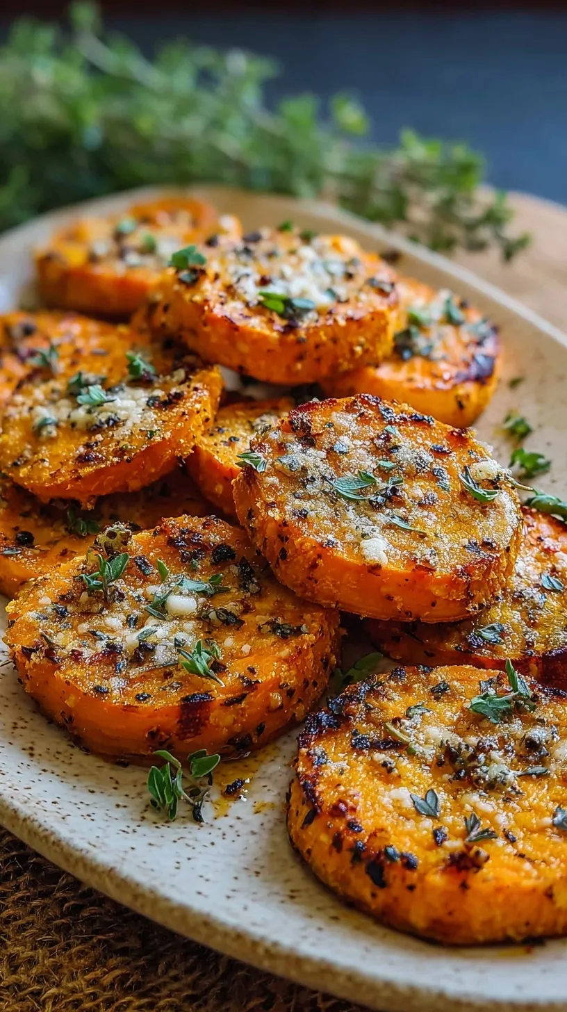 Golden brown roasted sweet potato rounds with a crispy parmesan herb crust on a baking sheet.