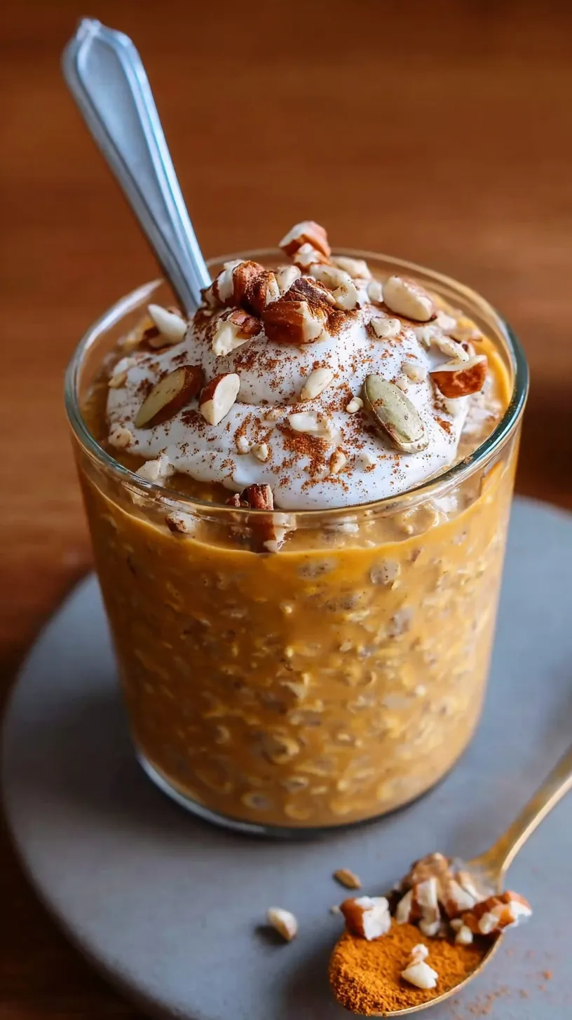 A glass jar filled with creamy pumpkin overnight oats topped with pumpkin spice