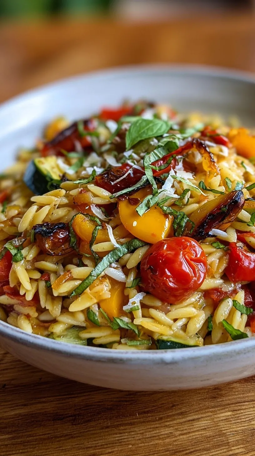 A colorful bowl of High Protein Roasted Vegetable Orzo with roasted zucchini, peppers, and grilled chicken.