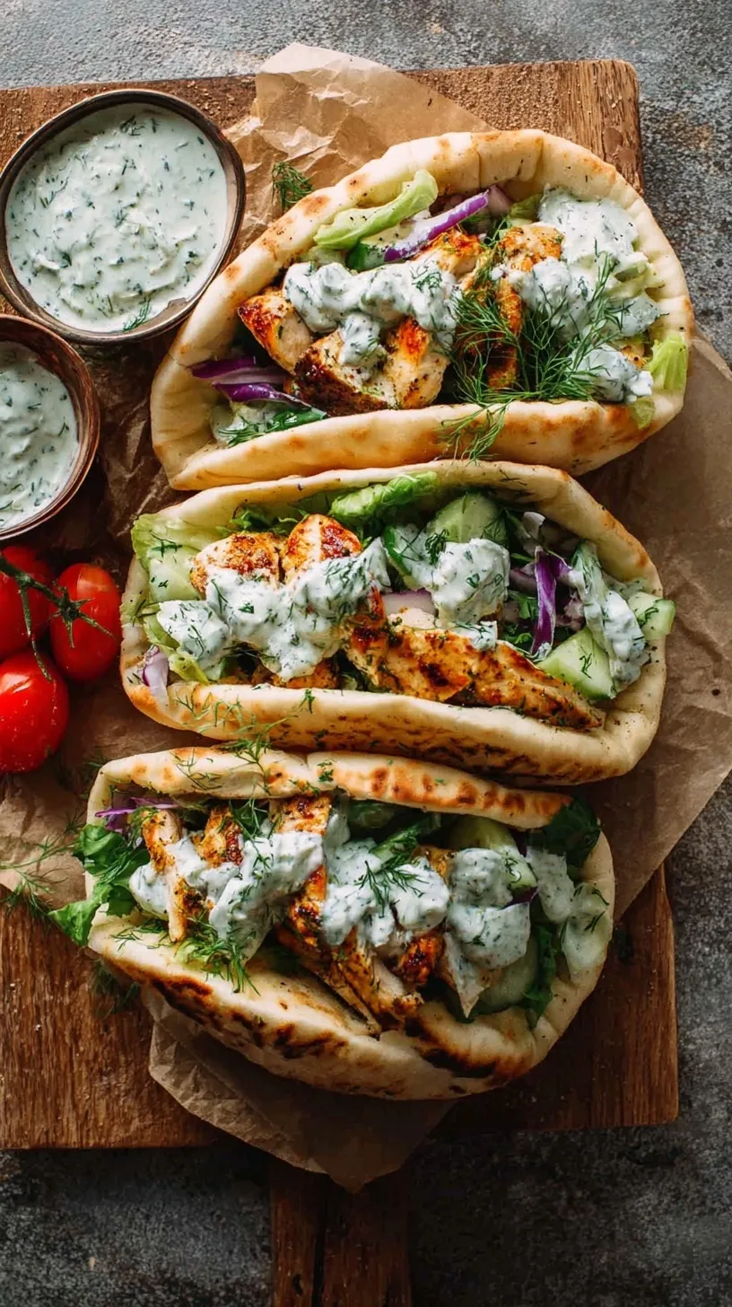 Roasted chicken and colorful bell peppers in whole wheat pita bread with creamy white sauce