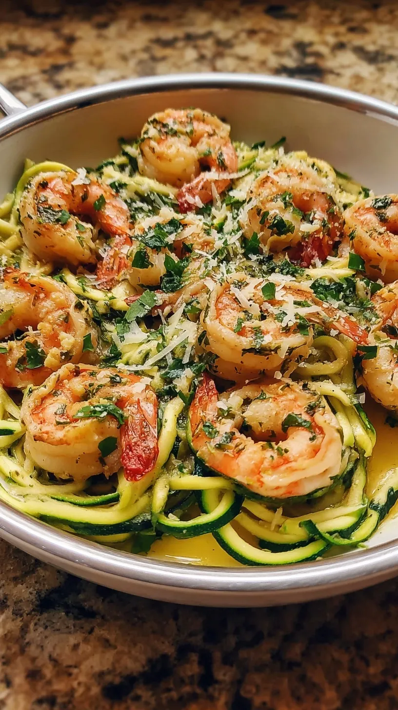 A skillet filled with garlic shrimp and zucchini noodles garnished with parsley and parmesan cheese.