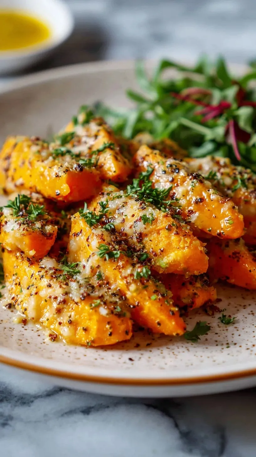 A tray of roasted smashed carrots topped with shredded chicken and melted mozzarella and parmesan cheese.