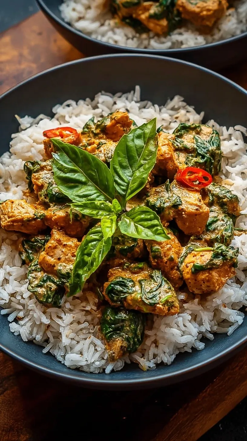 A bowl of creamy coconut basil chicken served over white jasmine rice with fresh basil leaves and red peppers.