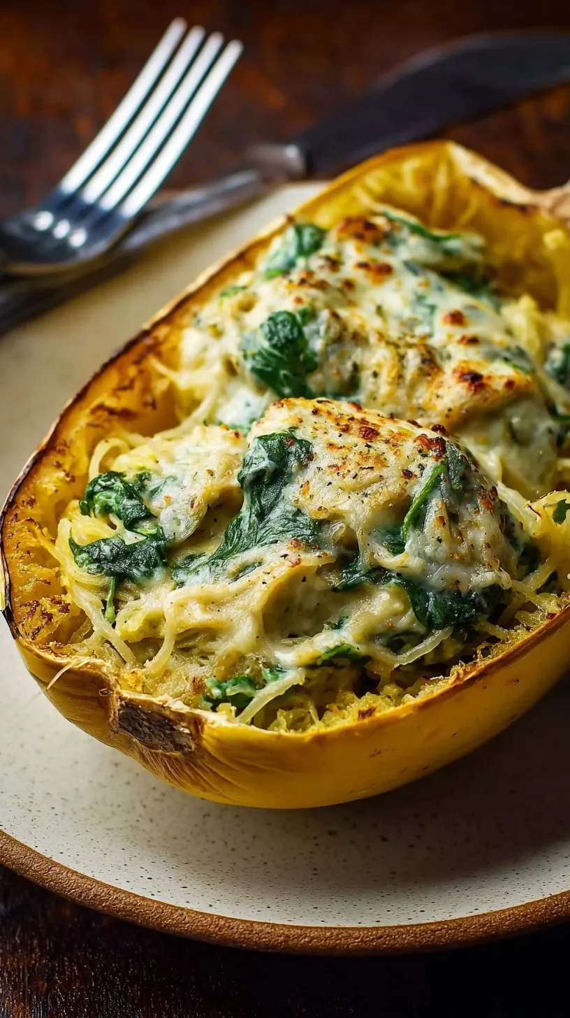 A roasted spaghetti squash boat filled with creamy chicken, spinach, and melted cheese.