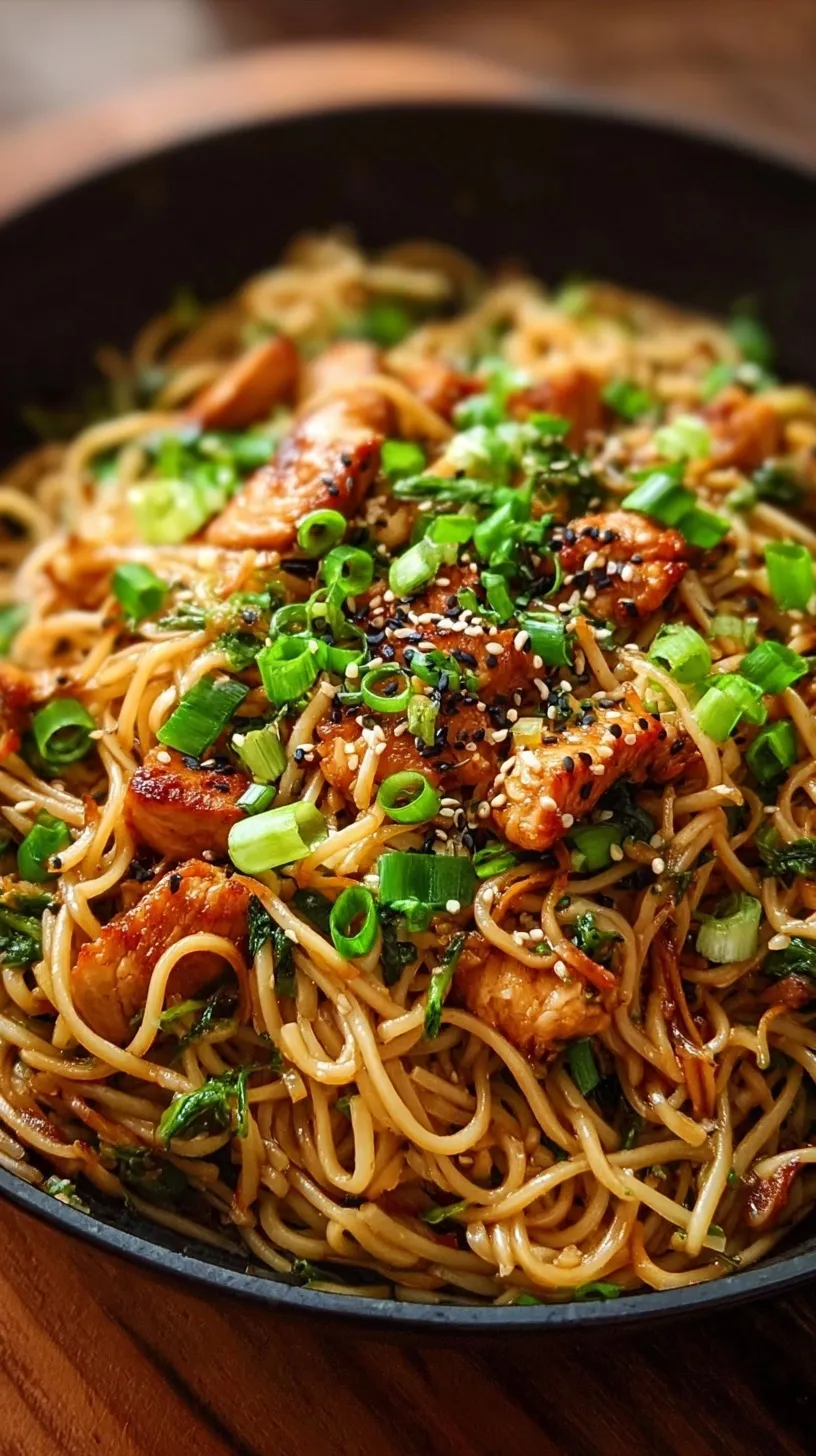 A bowl of sticky garlic chicken noodles with green broccoli and snap peas