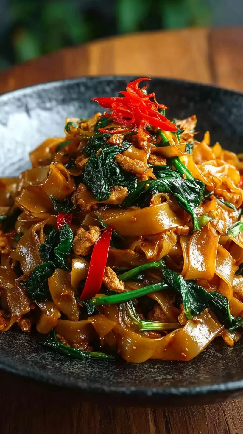 A steaming plate of Thai Drunken Noodles with chicken, red peppers, and fresh basil leaves.
