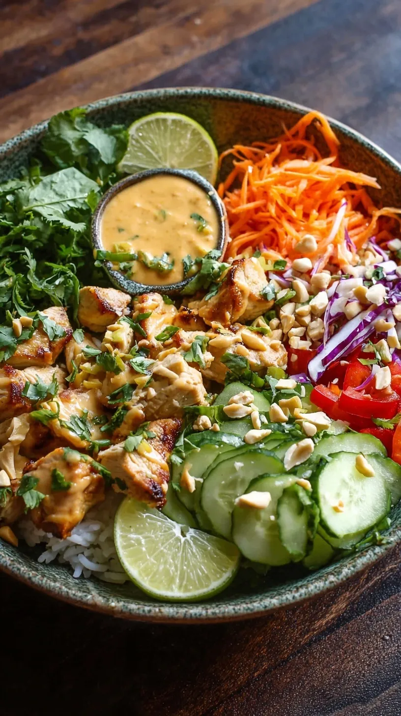 A colorful meal prep bowl with peanut chicken, quinoa, and fresh vegetables.