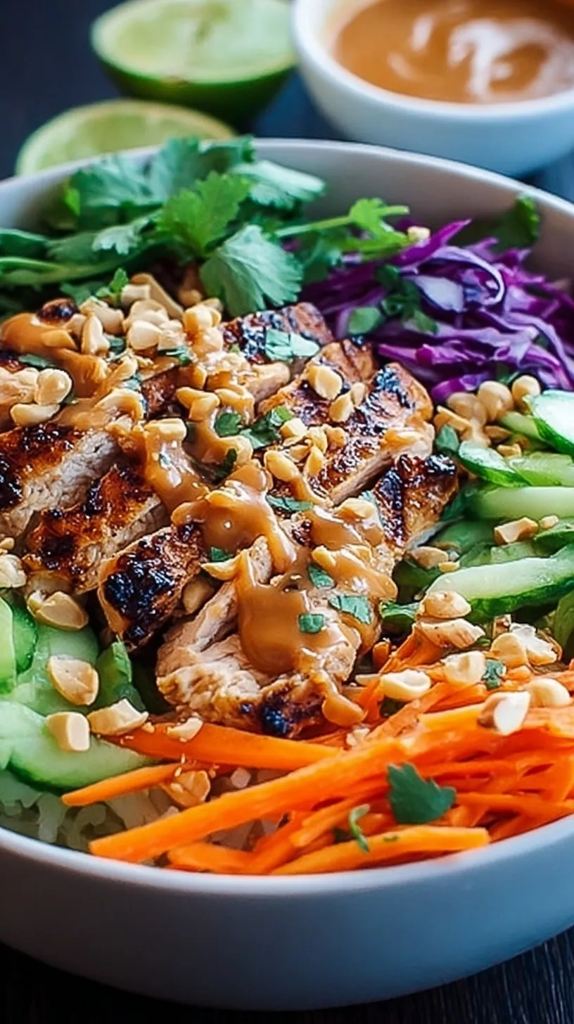 A colorful Thai peanut chicken bowl with grilled chicken, quinoa, shredded cabbage, carrots, and edamame drizzled with peanut sauce.