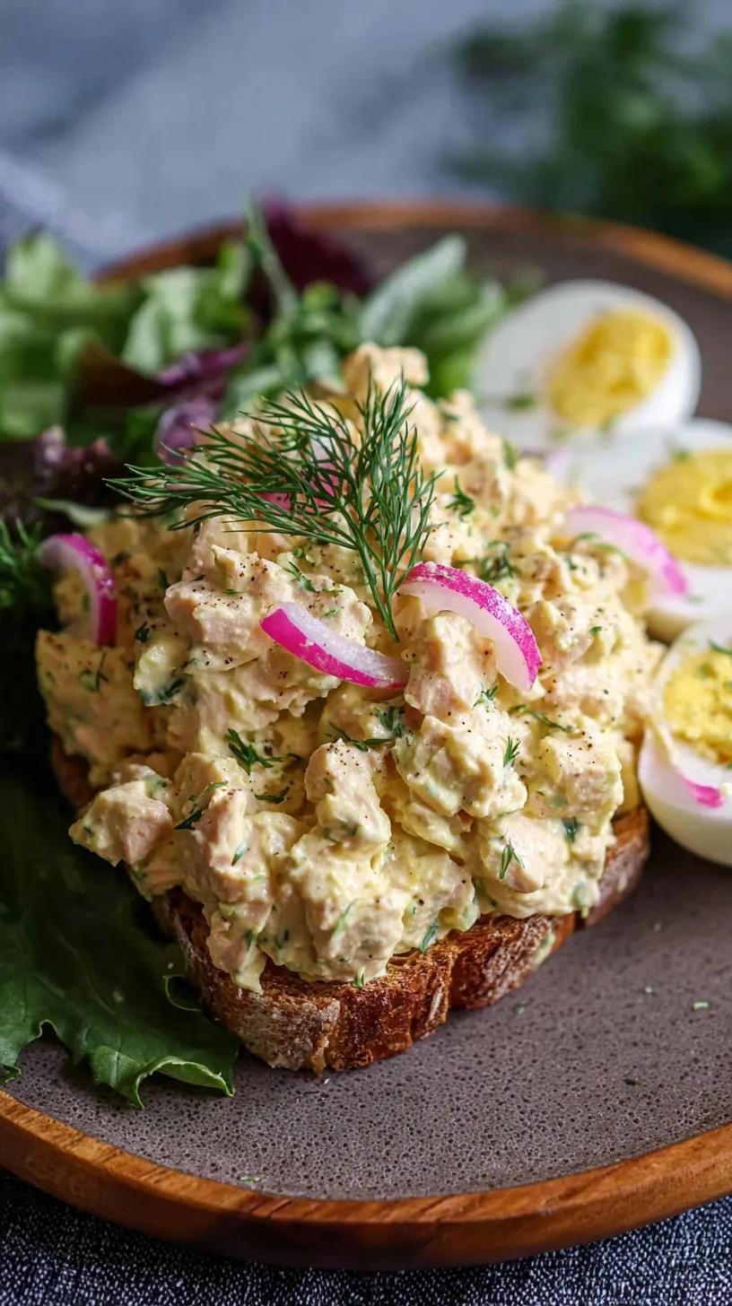 A bowl of creamy tuna and egg salad with fresh parsley on top