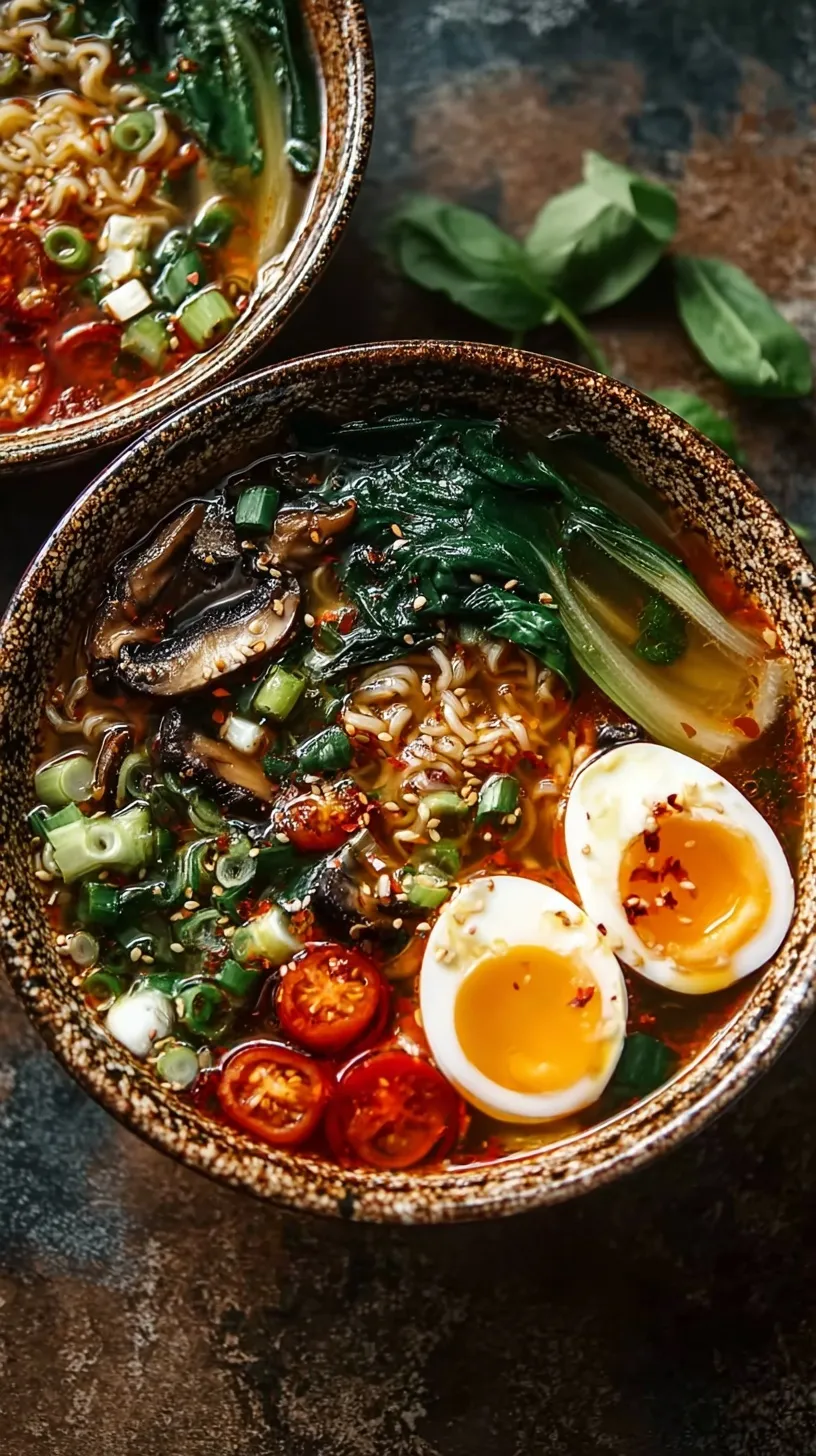 A steaming bowl of high protein veggie ramen with crispy tofu and soft-boiled eggs.