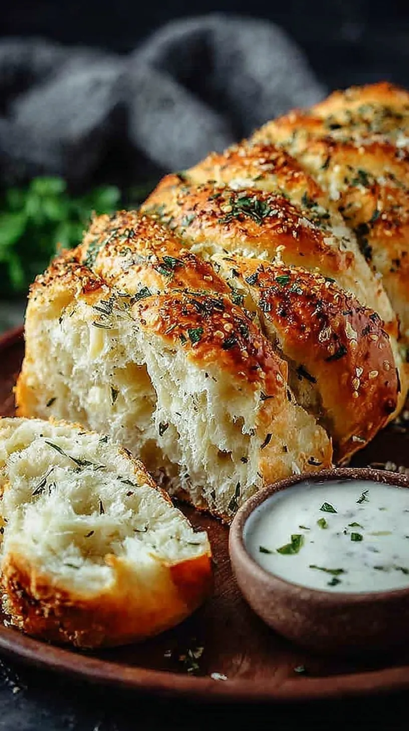 A golden brown loaf of Italian herbs and cheese bread topped with melted Monterey Jack and dried herbs.