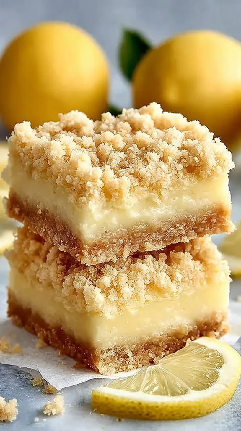 A stack of golden lemon crumb bars with a creamy yellow center and a dusting of powdered sugar on a white plate.