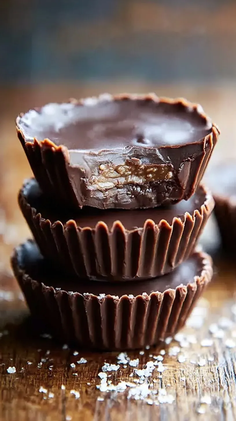 A stack of homemade mallo cups showing the gooey marshmallow center and toasted coconut chocolate shell