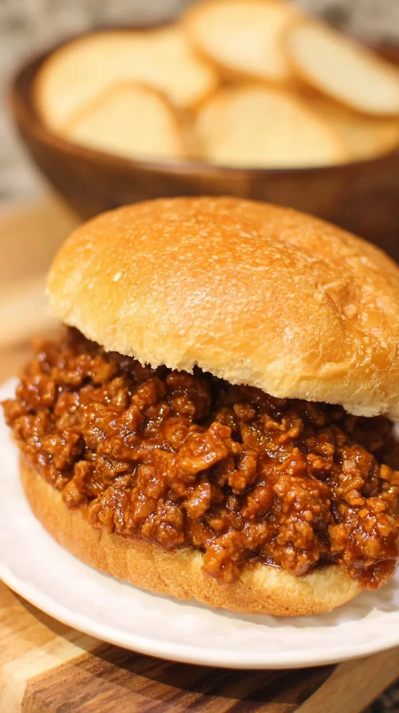 A pile of savory ground beef sloppy joe mixture on a toasted hamburger bun