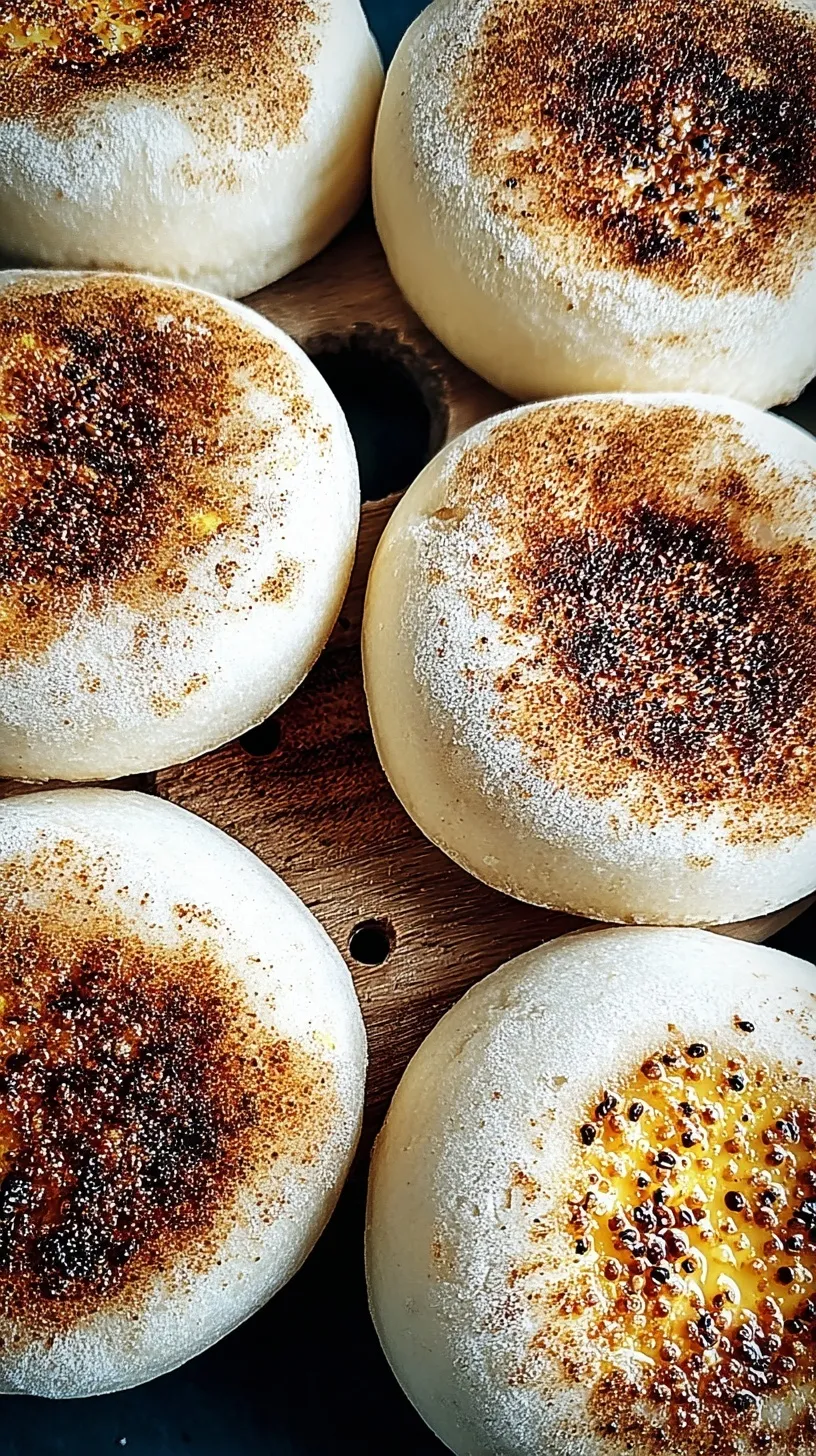 A stack of golden brown sourdough English muffins dusted with cornmeal on a wooden board.