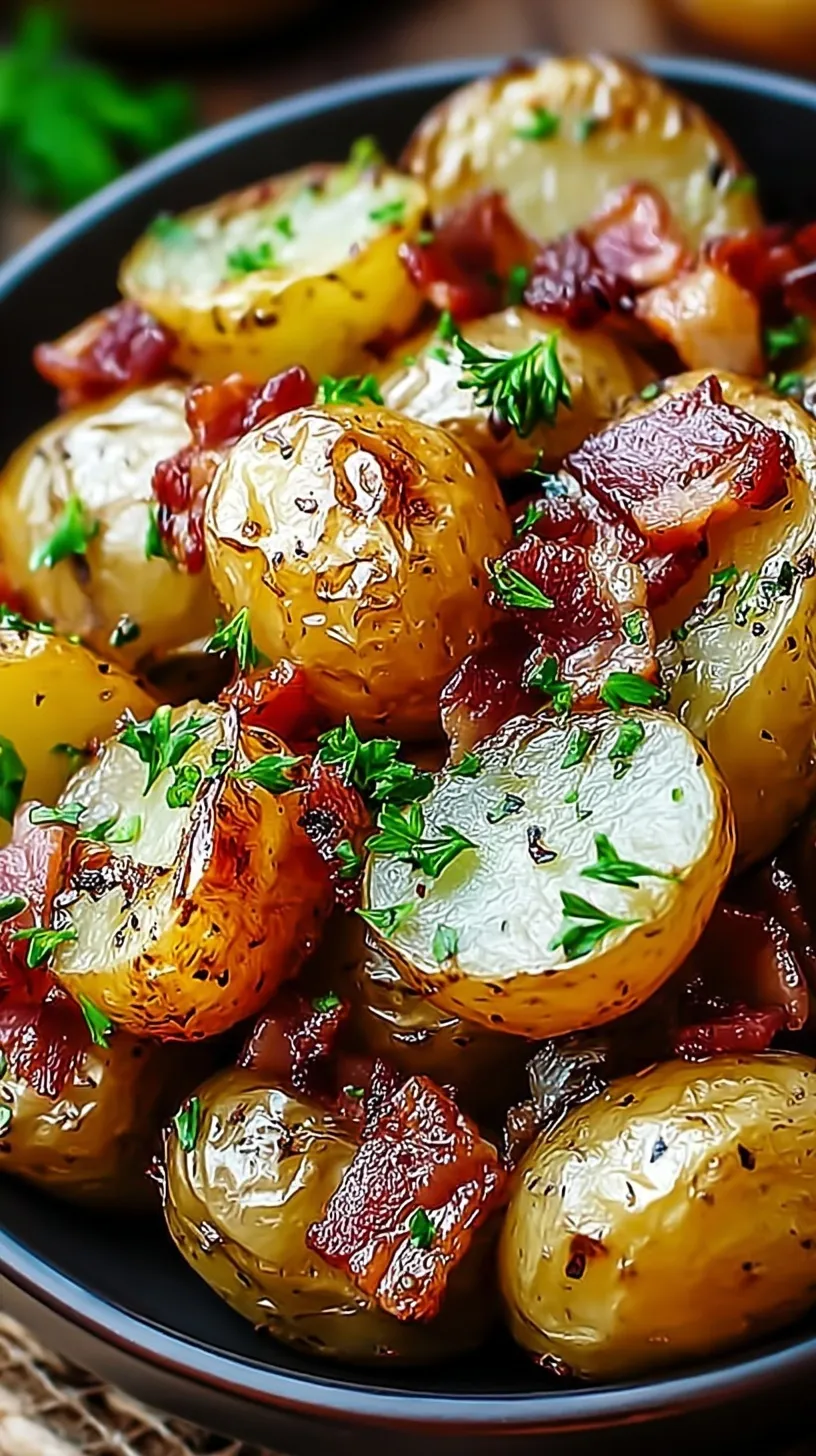 Golden roasted red potatoes with crispy bacon pieces and a honey glaze on a baking sheet.