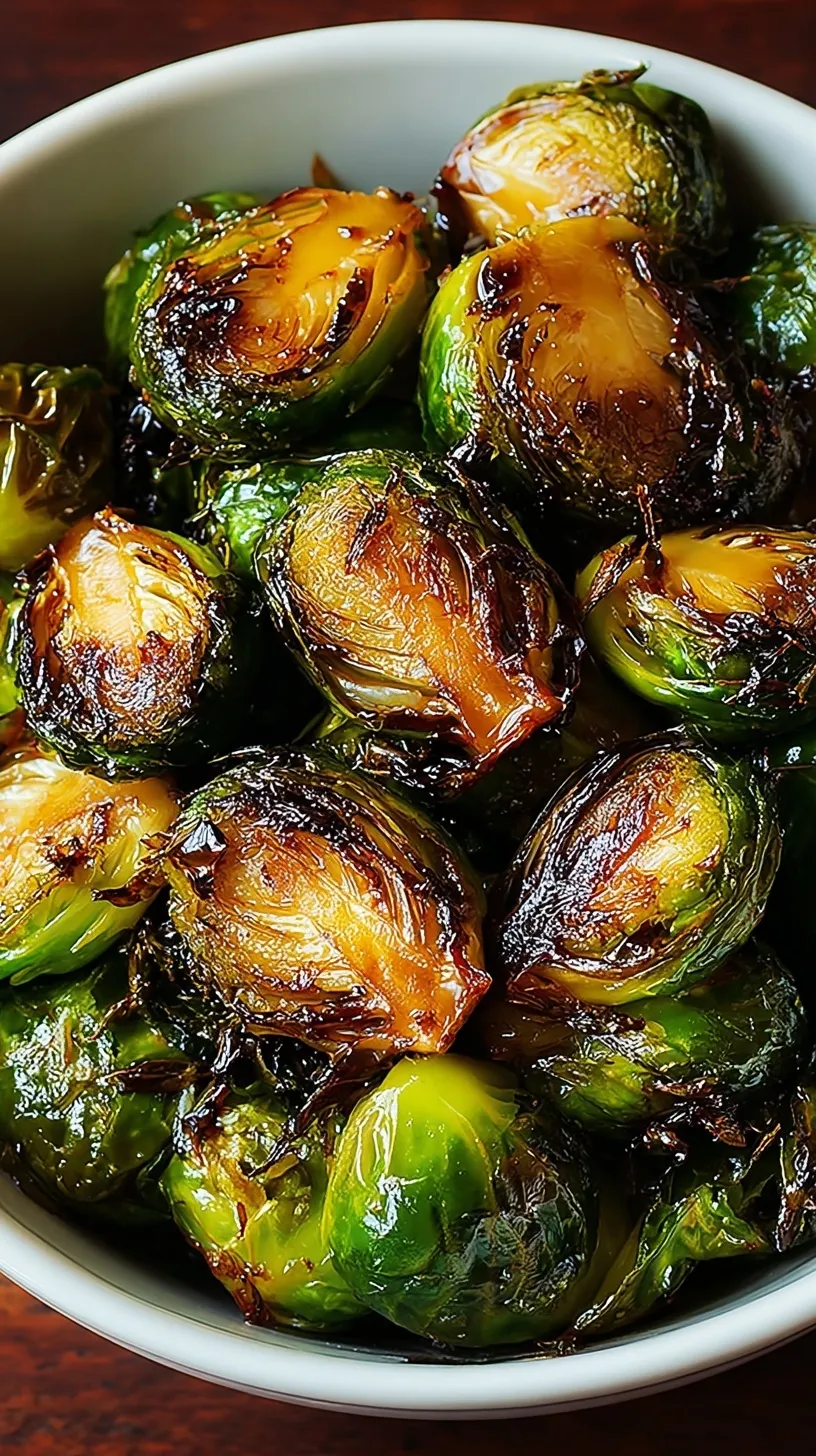 A tray of roasted Honey Balsamic Brussels Sprouts with a golden glaze and crispy edges.