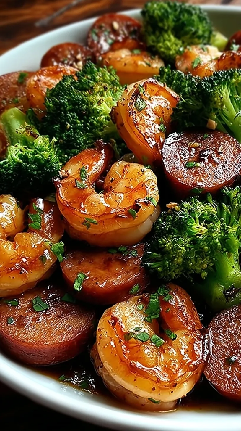 A colorful skillet of honey garlic shrimp, sliced sausage, and bright green broccoli florets.