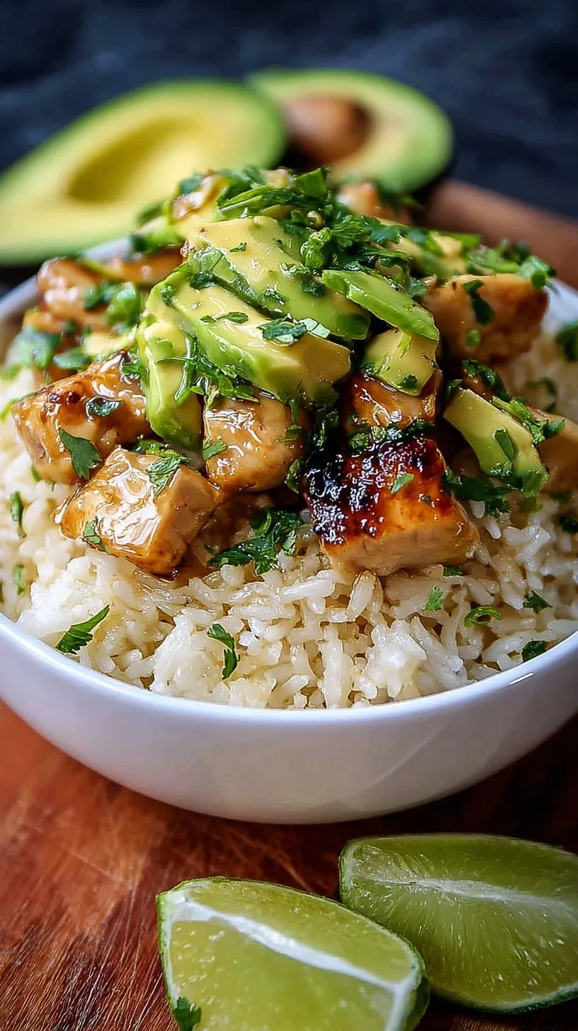 A vibrant bowl of honey lime glazed chicken over fluffy rice with fresh avocado slices and cilantro.