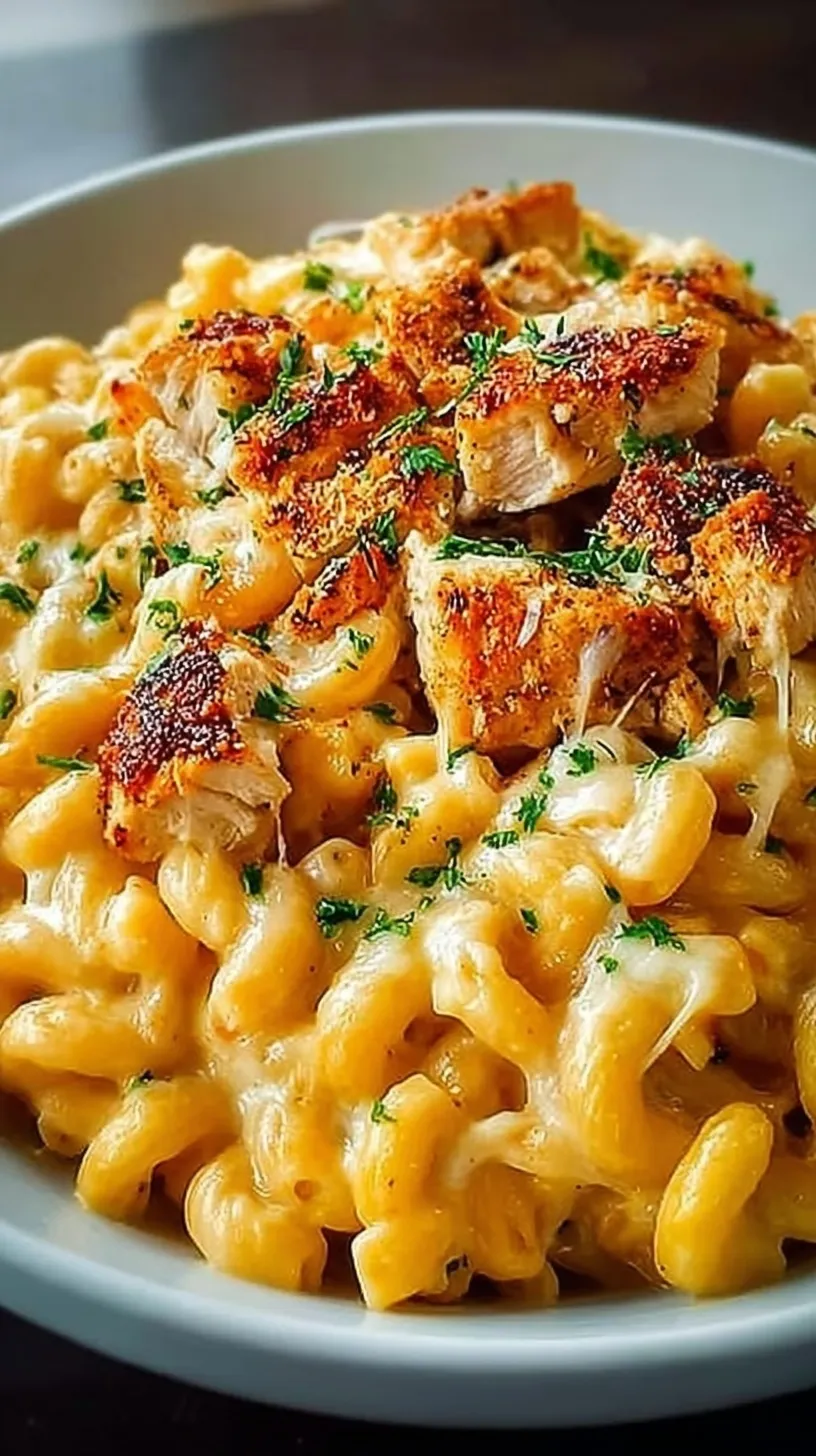 A bowl of creamy macaroni and cheese topped with crispy honey pepper glazed chicken pieces.