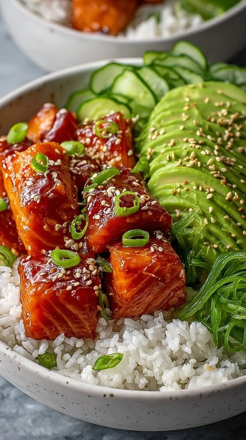 Two colorful Honey Sriracha Salmon Bowls with jasmine rice, avocado, and cucumber
