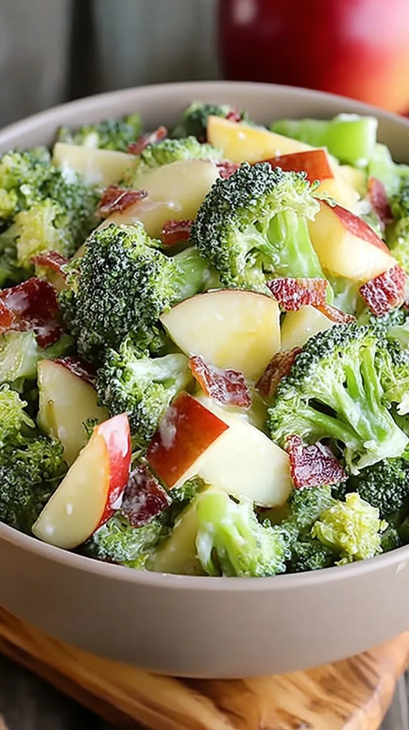 A large white bowl filled with crunchy broccoli florets, diced red apples, sunflower seeds, and creamy dressing.