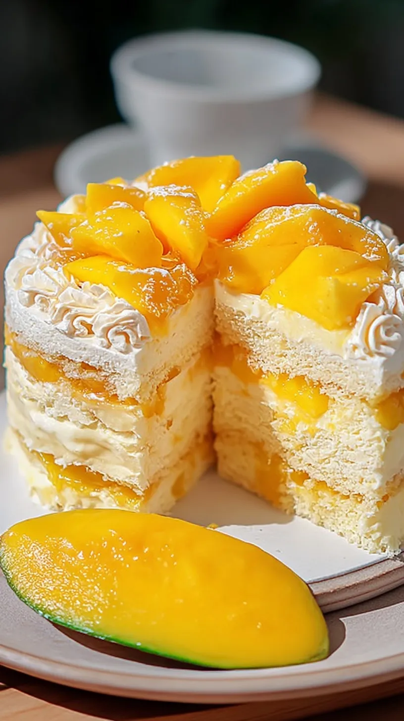 A tall, airy mango chiffon cake topped with fresh whipped cream and diced mangoes on a white cake stand.