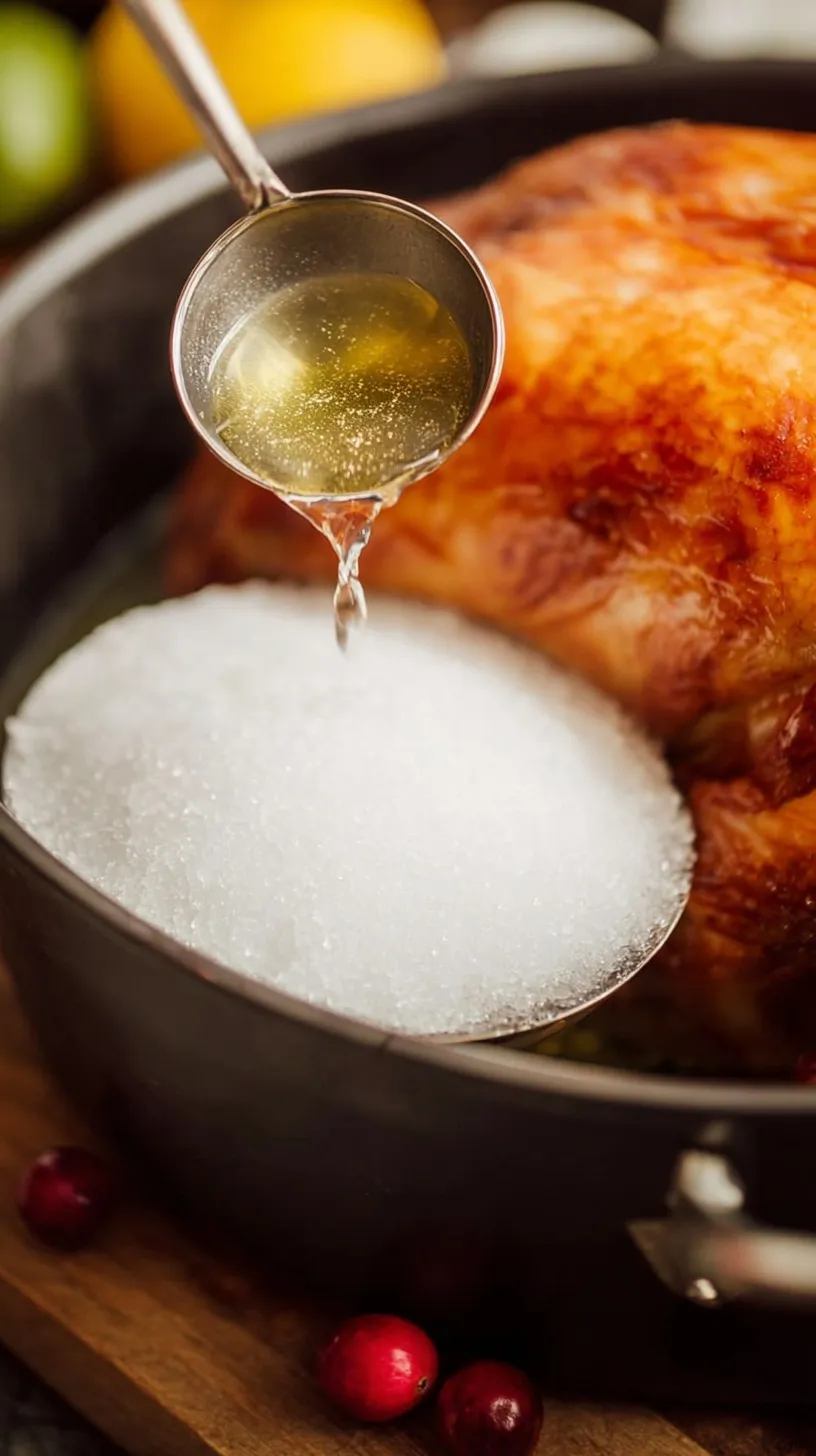 A whole turkey submerged in a clear brine with fresh herbs and spices in a large container.