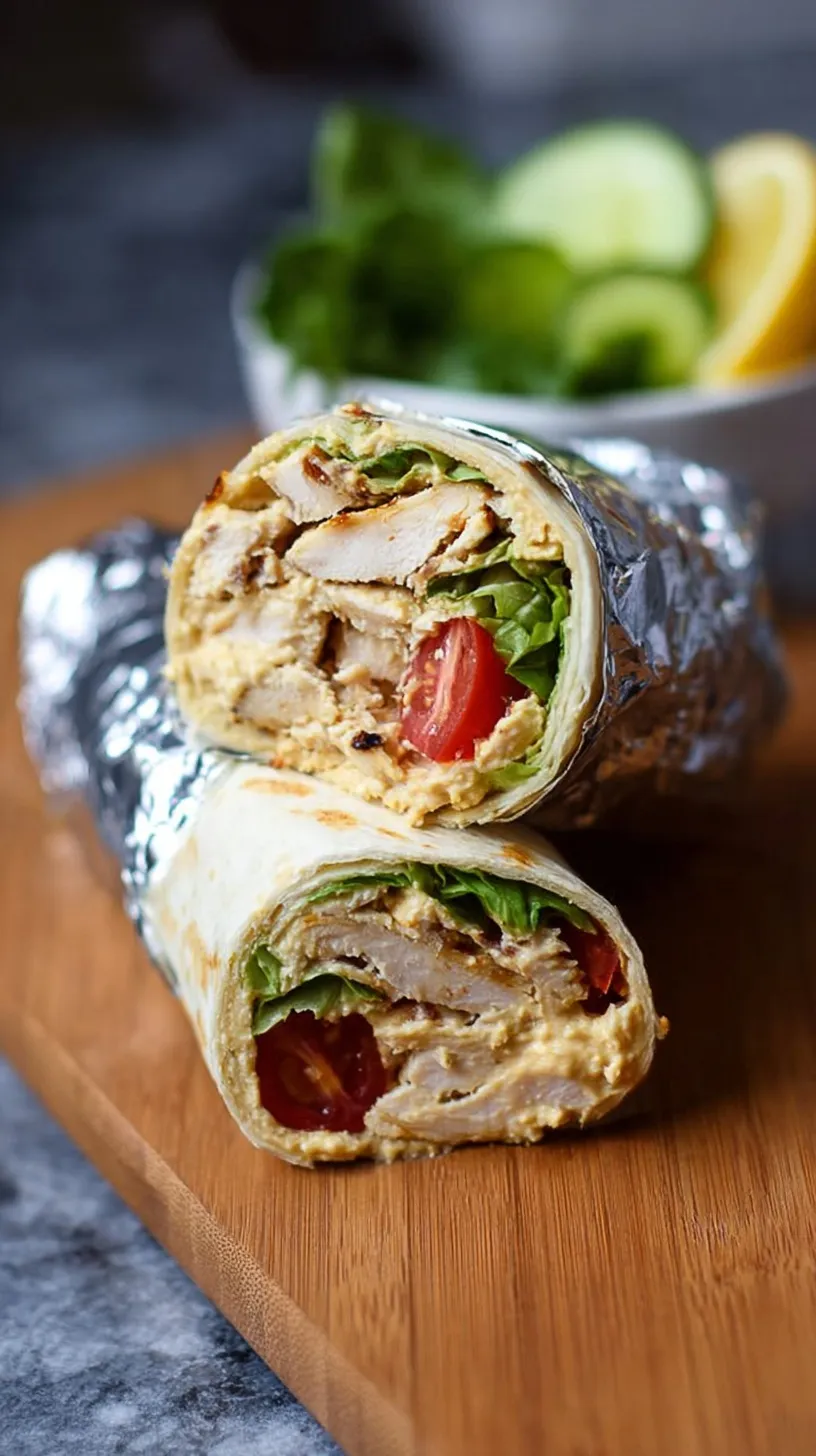 A fresh whole wheat wrap filled with grilled chicken, creamy hummus, spinach, and feta cheese