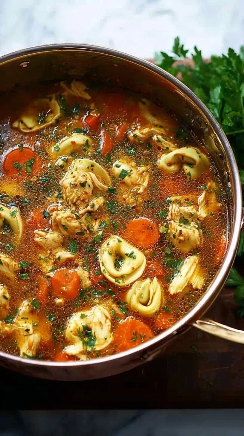 A steaming bowl of chicken tortellini soup with fresh spinach and parmesan cheese