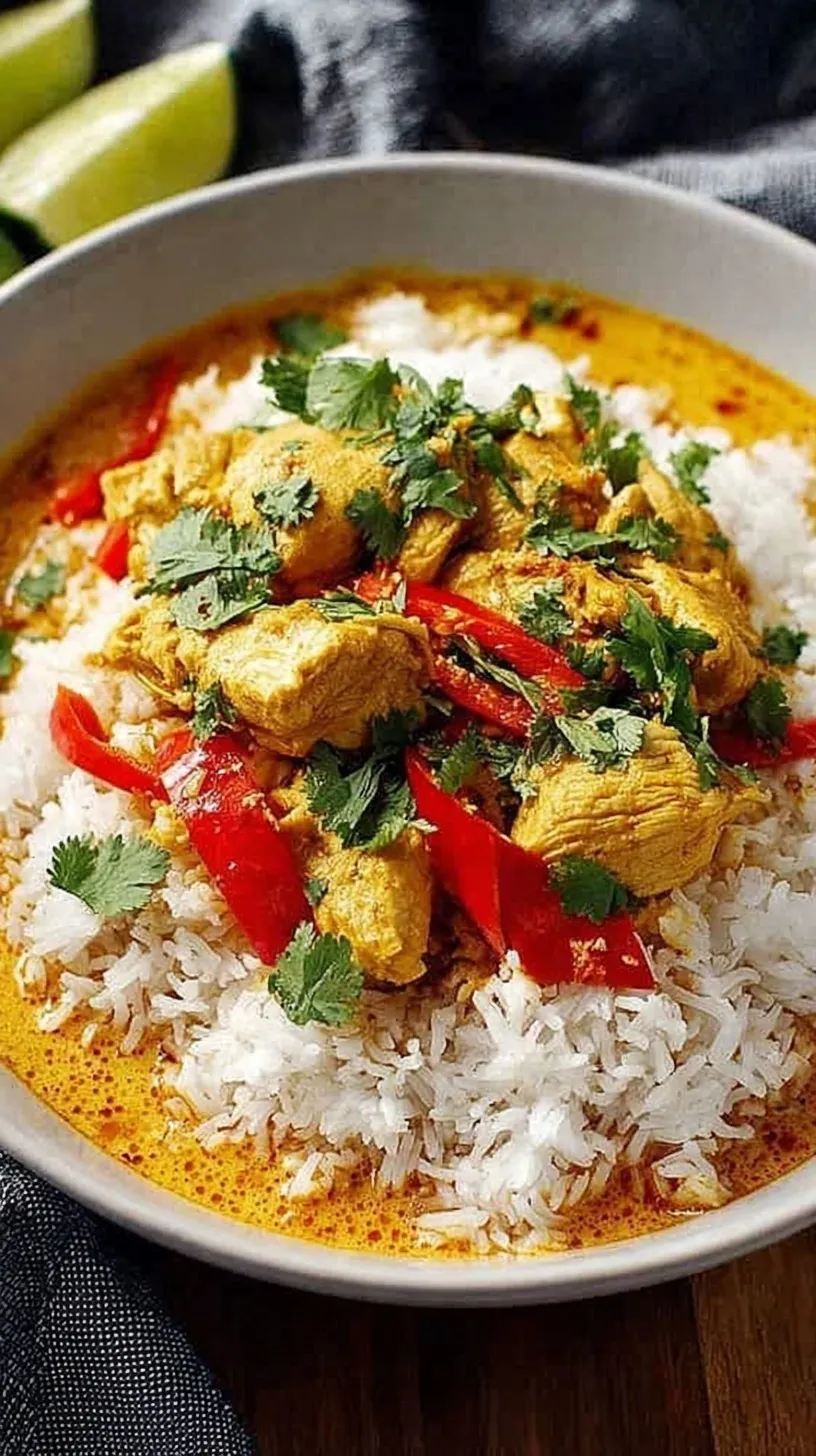A bowl of creamy coconut curry chicken with red peppers and snap peas over white rice