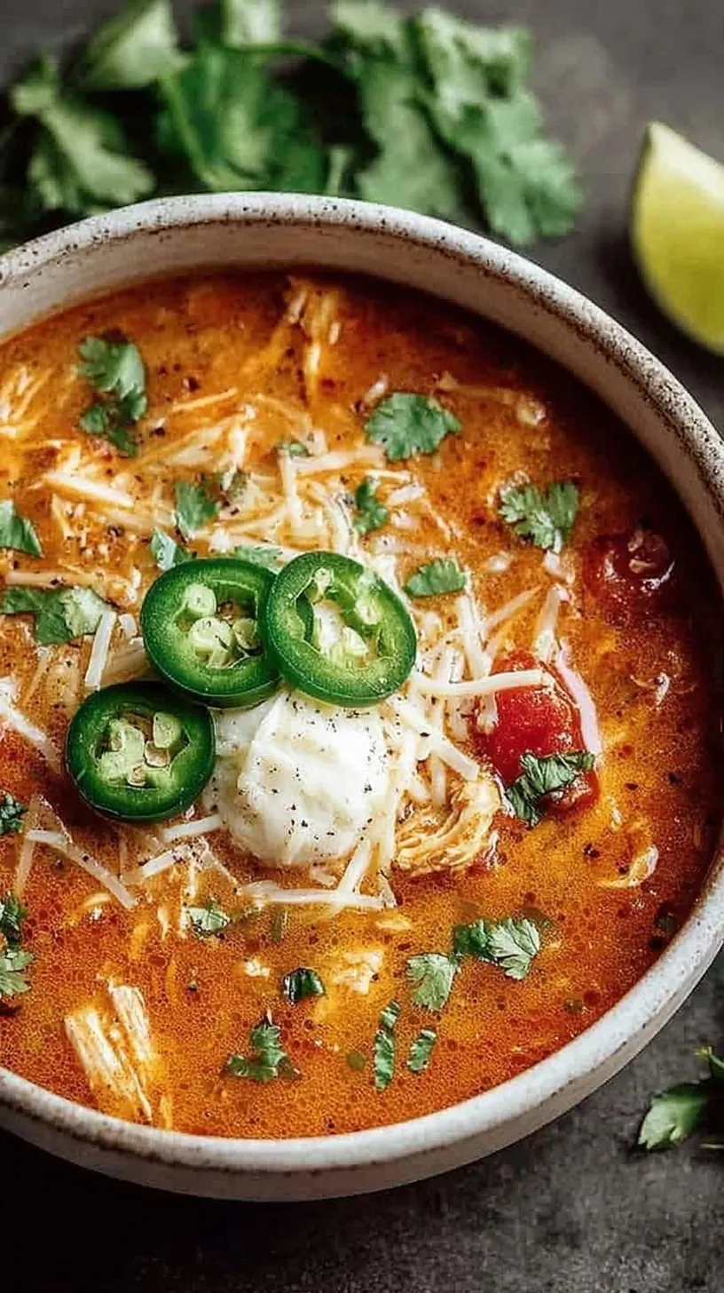 A bowl of keto chicken tortilla soup with avocado and cheese toppings
