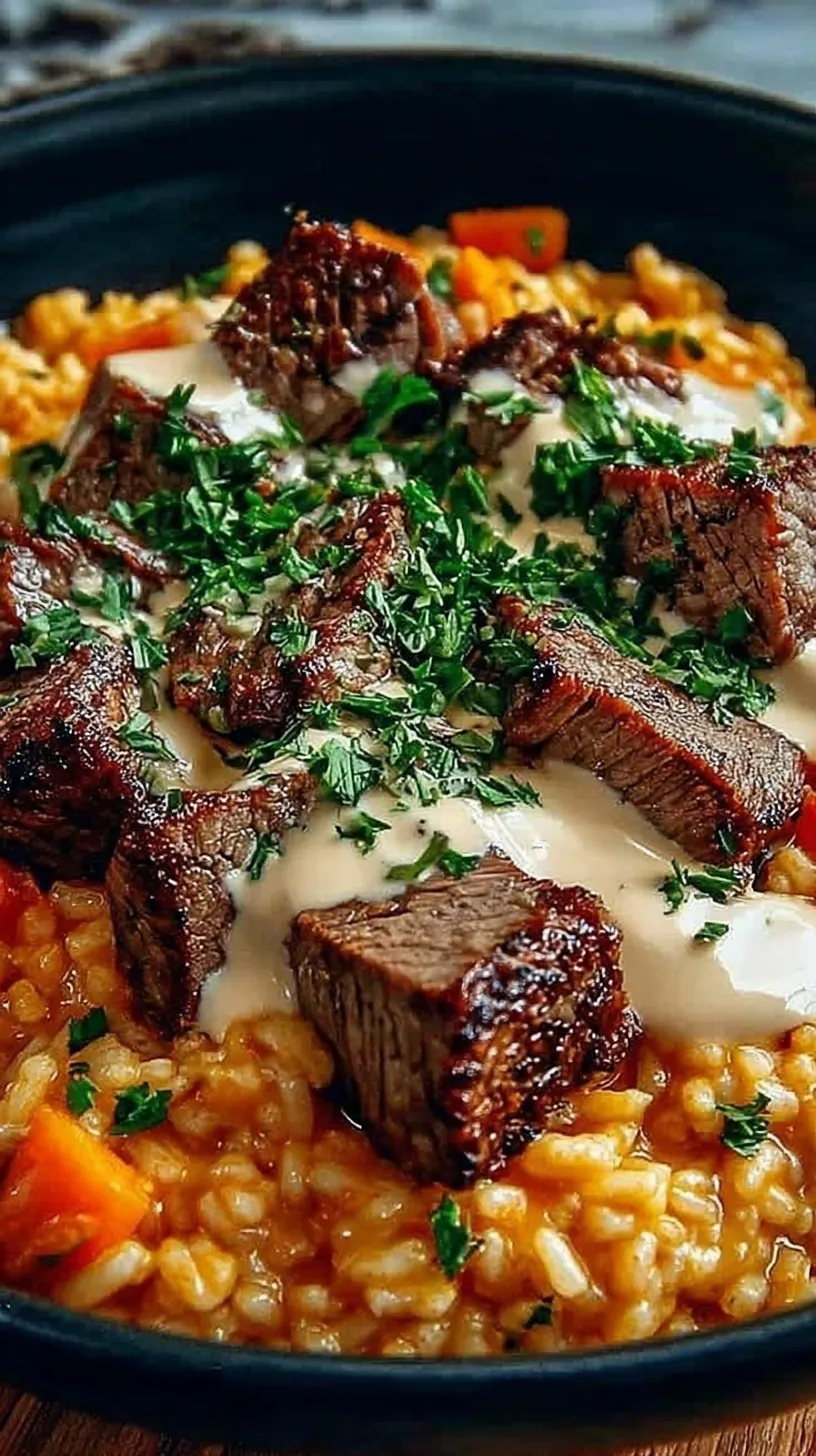 A large skillet filled with creamy steak queso rice garnished with fresh cilantro.