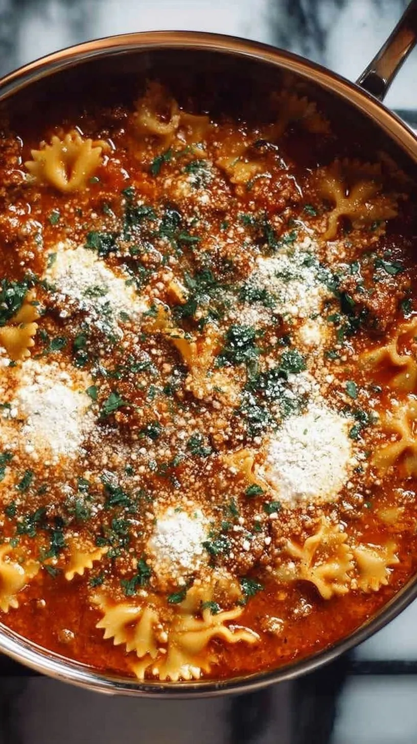 A bowl of rich tomato lasagna soup topped with a large dollop of ricotta and mozzarella cheese